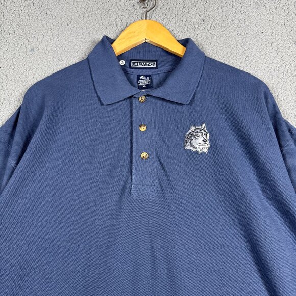 Vintage Polo Shirt Mens Size XL Tall Navy Blue Cotton Wolf Embroidery Canvas - Picture 3 of 11